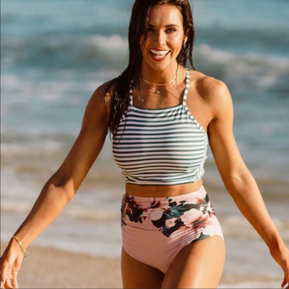 Albion Fit darling stripe switchback swim top